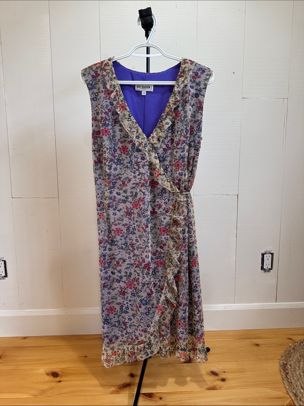 Vintage Holt Renfrew Floral Wrap Dress in Beige with Pink & Blue Flowers